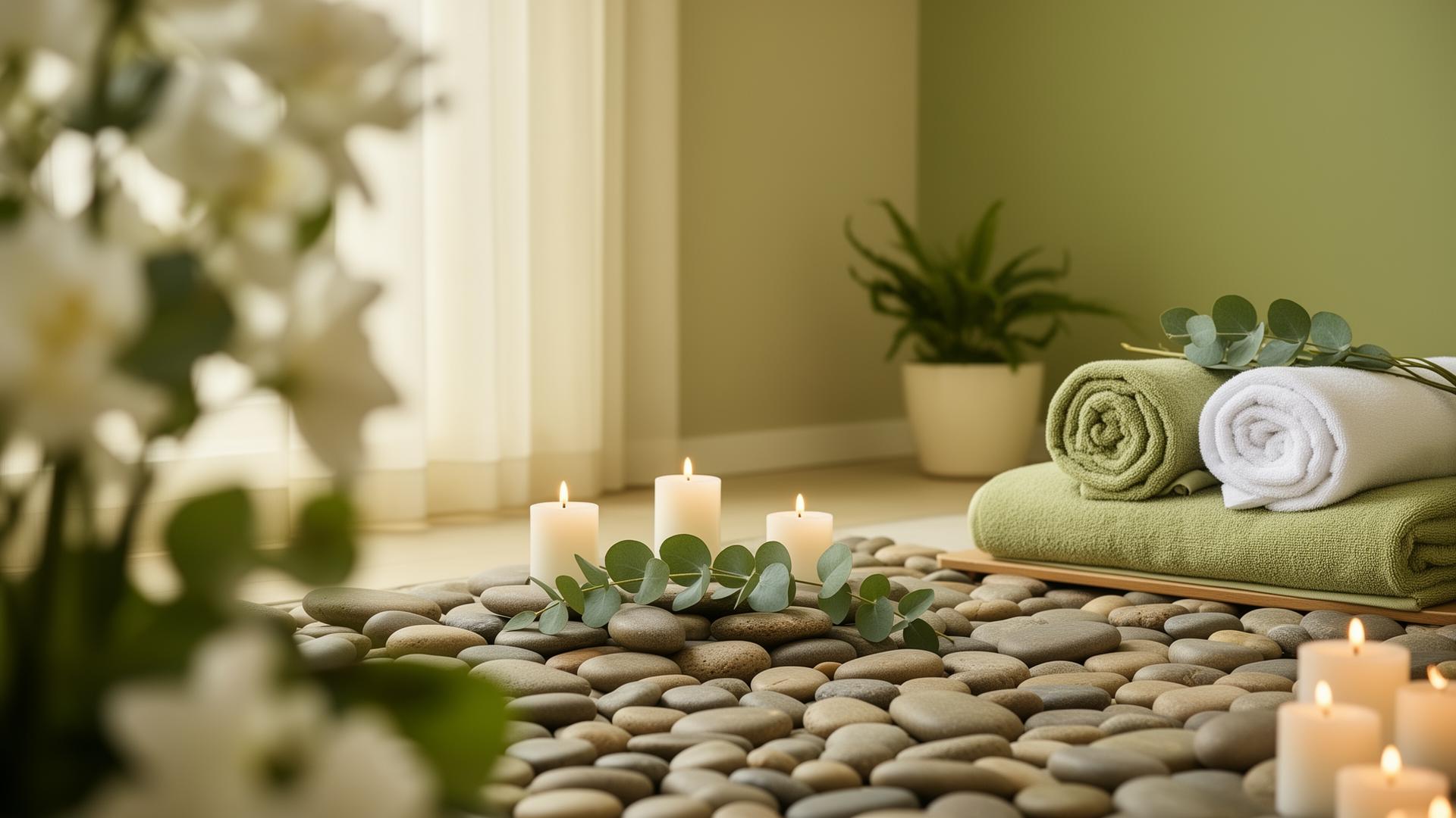Không gian spa thiền tịnh với nến và đá thạch anh